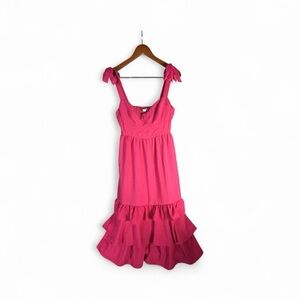 Bright Pink Ruffle Tiered Midi Dress with Bow Tie Straps Size Large Sofia summer